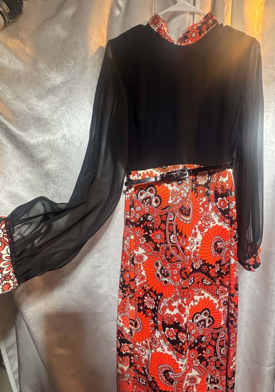 True Vintage Mod MCM Psych Floral Long Maxi Black Orange Dress Bust 42"